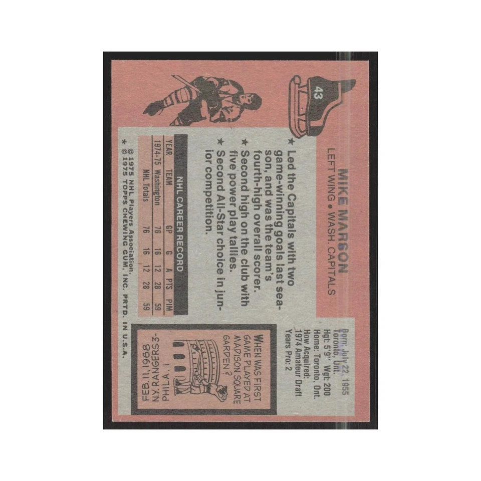 1975 Topps Mike Marson RC Washington Capitals #43 - Image 2 of 3