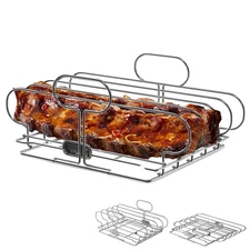 Stainless Steel BBQ Rib Rack for Grill or Smoker, Upright Collapsible Rib Hol...