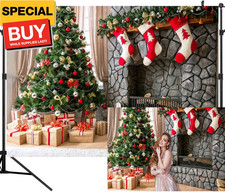 10X8FT Christmas Theme Seamless Backdrop Fireplace Xmas Tree Customized Photo...