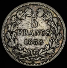 France Louis Philippe I Silver 5 Five Francs 1838 A Paris
