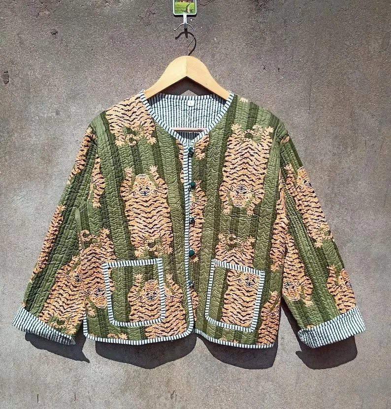 Indian Green Tiger Cotton Quilted Unisex Jackets Women's Clothing Jackets US