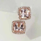 2Ct Cushion Lab-Created Morganite Halo Stud Earrings 14K Rose Gold Plated Silver