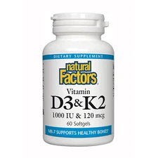 Natural Factors Vitamin D3 & K2 1000 IU&120mcg,Bone&Vascular Health,60Softgels