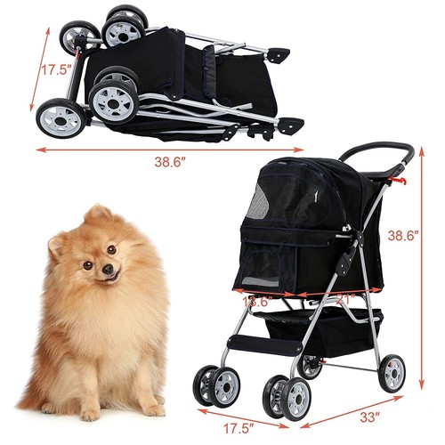 4 Wheels Folding Pet Stroller Cat Dog Cage Stroller Carrier W/Cup Holder Black - Picture 2 of 10