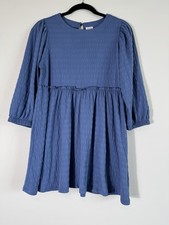 Franki by Francesca's Blue Solid Dress Round Neck Button Balloon 3/4 L Delicate