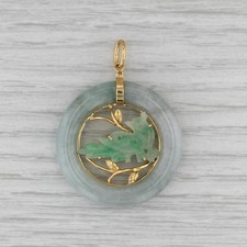 Green Jadeite Jade Carved Bird Hololith Pendant 14k Yellow Gold Vintage Asian