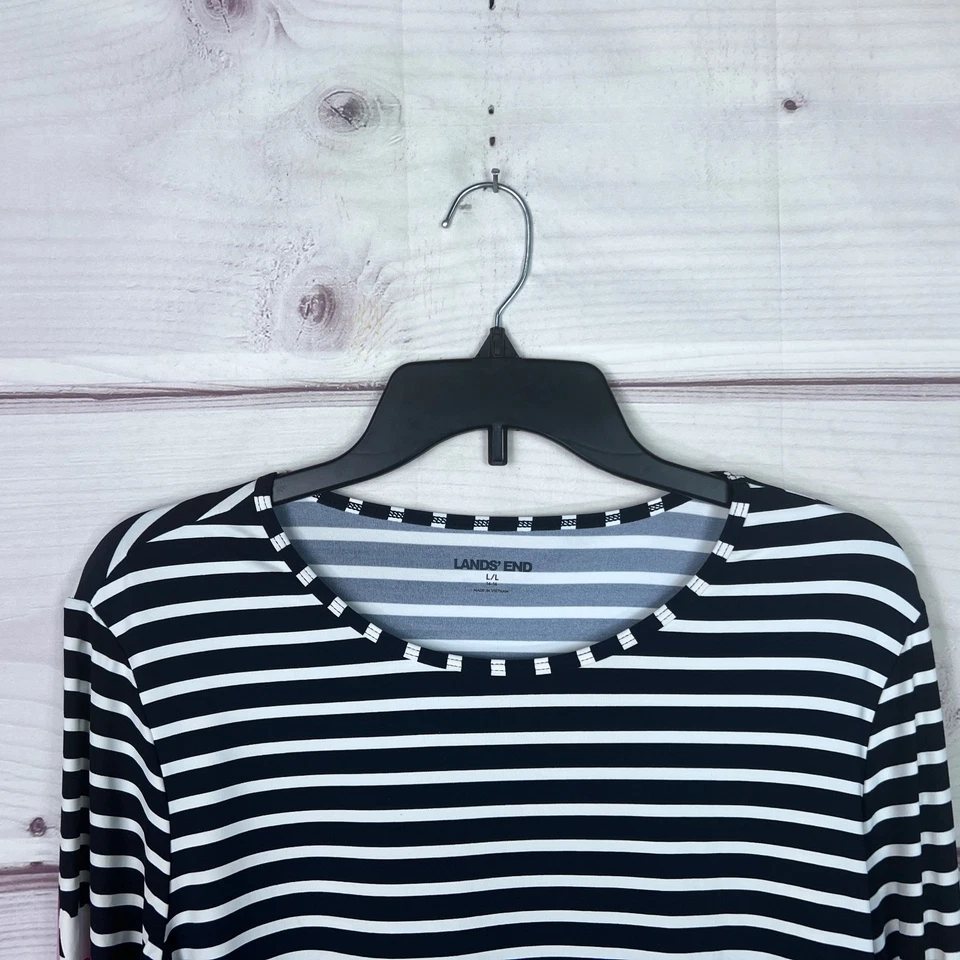Lands End Top Womens L Blue Striped Rash Guard Floral Long Sleeve Round Neck - Image 2 of 4