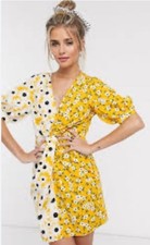 ASOS Design Poplin Twist Mini Dress Size 12 Yellow Sunflower Daisy Floral NWT