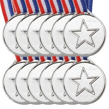12Pcs 1.5" Mini Plastic Silver Award Medals with Ribbon for Game Sports