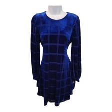 Calvin Klein Women's Blue Velvet Plaid Long Sleeve Mini Dress Size 10