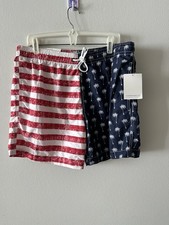 Trunks Surf Swim Co. Mens Red Blue Sano Swim Trunks XL USA Stripes Palm Trees