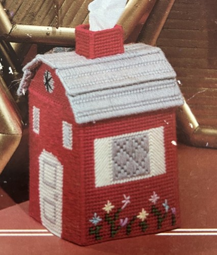 RED BARN TISSUE BOX COVER - PLASTIC CANVAS PATTERN