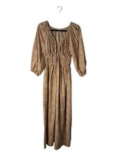 Madewell V-neck Balloon Sleeve Maxi Dress in Spiral Dot Khaki Smocked Size 6