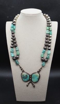 OLD Navajo Green Turquoise Squash Sterling Necklace BUTTERFLY  primitive