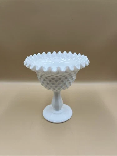 Vintage Fenton White Milk Glass Hobnail Ruffled Compote 6"