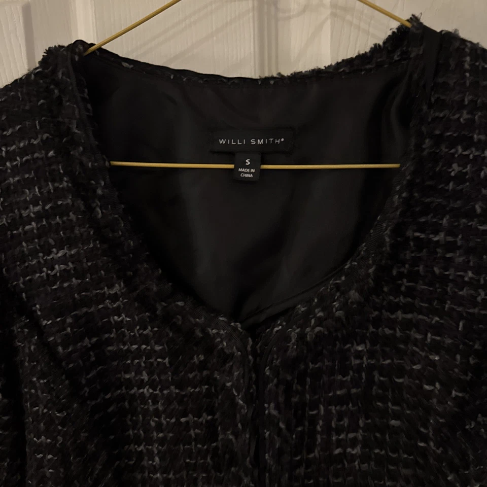 Chaqueta Blazer Willi Smith Mujer Recortada Tweed Pequeña Negra Gris Gancho Cierre Ojo Foto 3 de 4