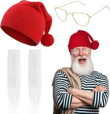 Garden Gnome Halloween Costume Red Dwarf Beanie,Golden Glasses and Fake Sideburn