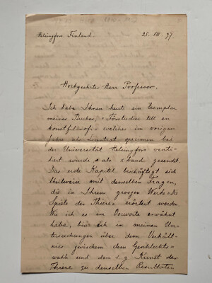 Yrjö Hirn  ( 1870 - 1952 ) - Professor für Ästhetik - original signierter Brief