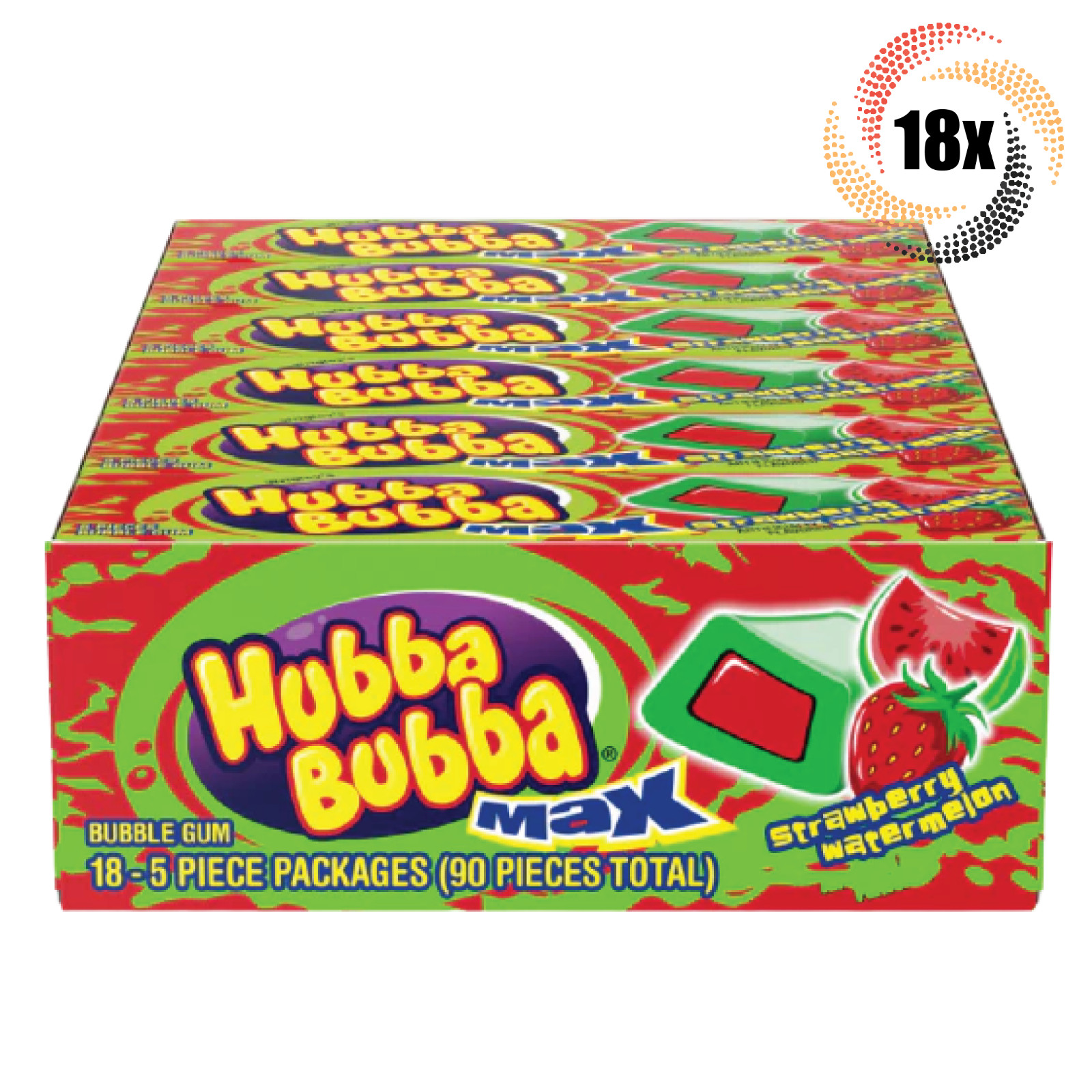 Полная коробка 18 упаковок жевательной резинки Wrigleys Hubba Bubba с клубникой и арбузом 5 карат 5390₽