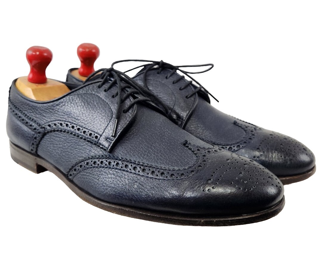 HENDERSON BARACCO Deer Leather Navy Blue Wingtip Derby Made Italy 