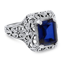 925 STERLING SILVER 4 Ct LAB-CREATED SAPPHIRE ART DECO STYLE FILIGREE RING 074z