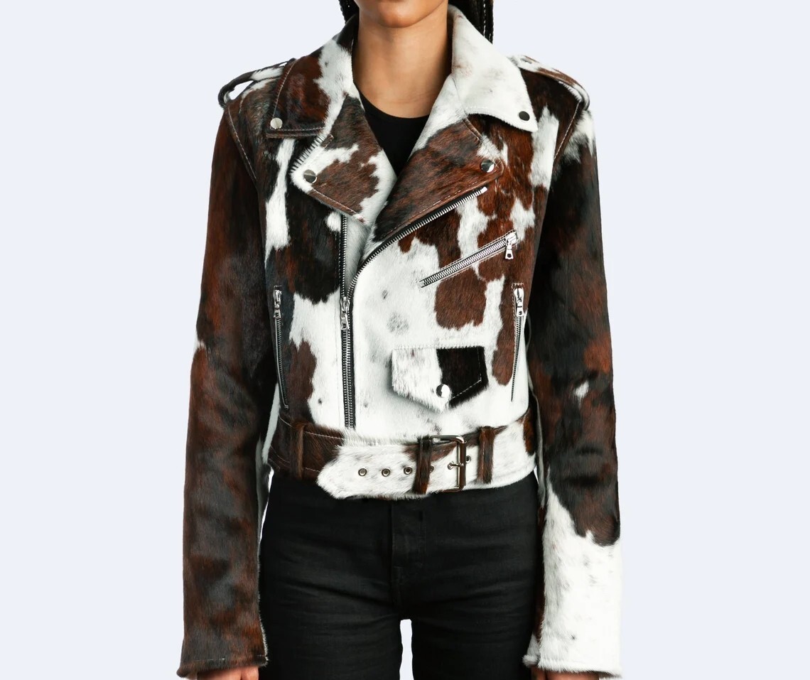 Genuine Cowhide Leather Jacket for Women | Natural Hair-On Cow Skin Fashion Coat
