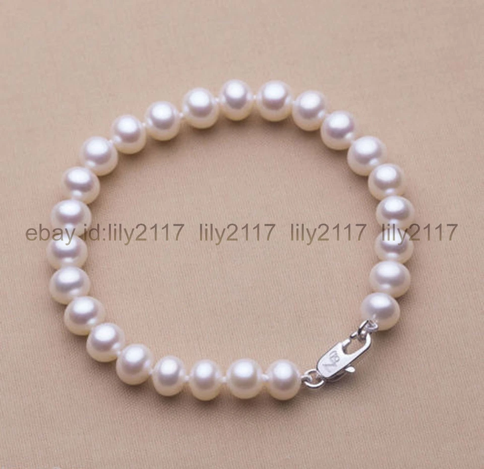 Pulsera de perlas cultivadas de agua dulce blancas Akoya naturales genuinas 7-8 mm 7,5" Foto 3 de 4