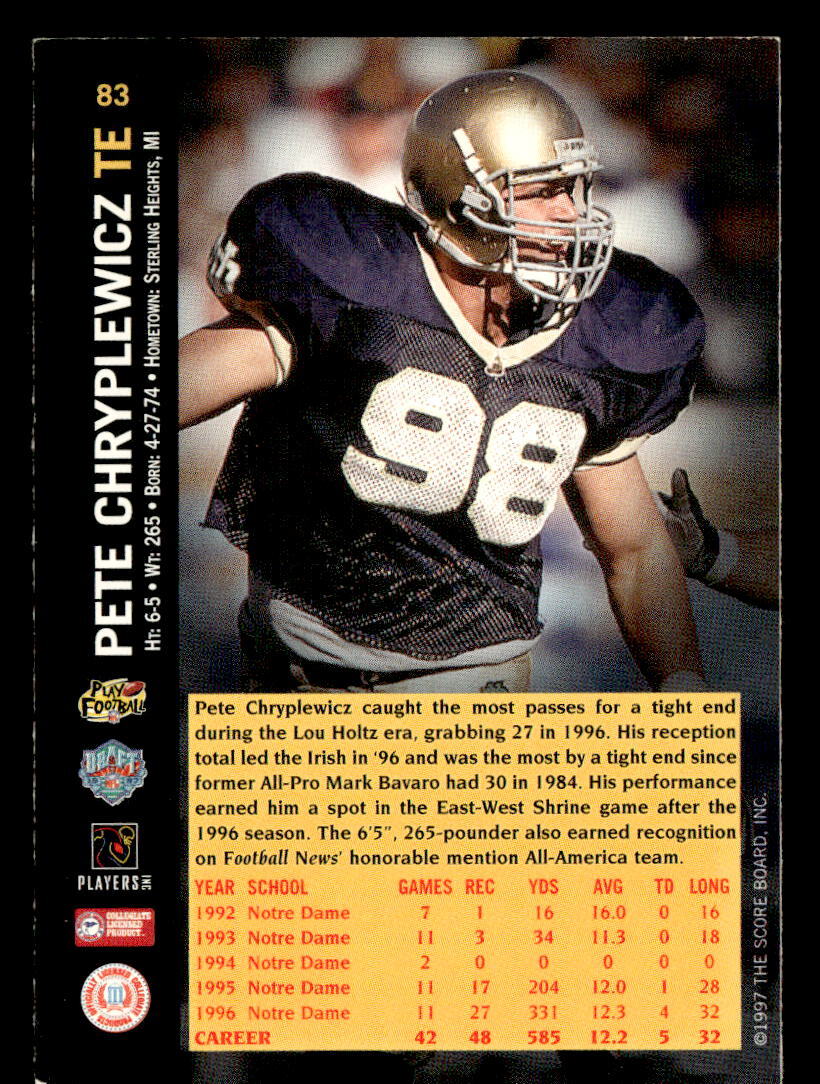 Pete Chryplewicz 1997 Score Board NFL Rookies Card #83 Notre Dame