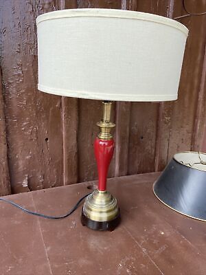 Red Enamel & Brass Candlestick Accent table lamp Vintage On Asian Base MCM  