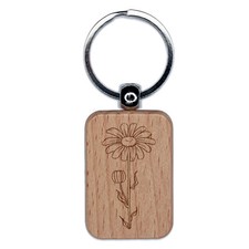 Hand Drawn Daisy Flower Engraved Wood Rectangle Keychain Tag Charm