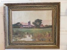 Oil On Canvas Signed "View Of Village Medieval Tower And River" Stucco Frame