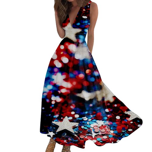 Women's Summer Dress American Flag USA Patriotic Deeep V Neck Sleeveless Dress - Picture 19 of 38