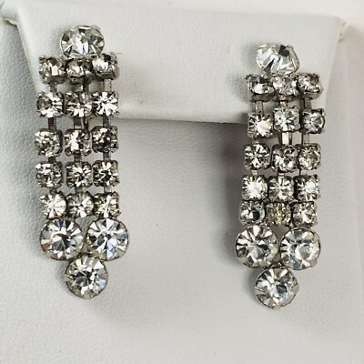 Vintage GARNE Signed Sparkly Rhinestone Dangle Silver Tone Screw Back Earrings