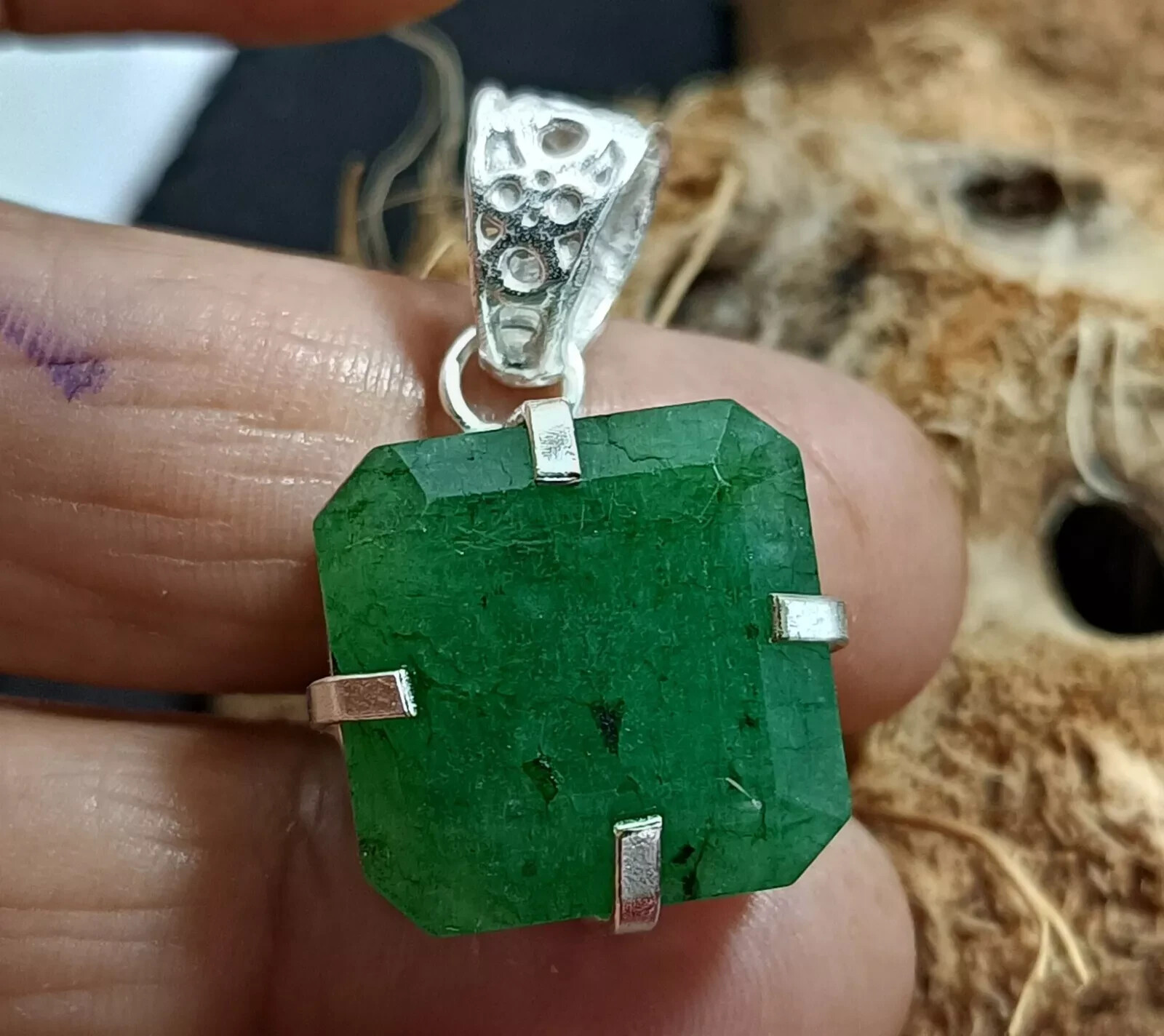 41.35 Ct Certified Emerald Asscher Cut Pendant in 925 Solid Silver