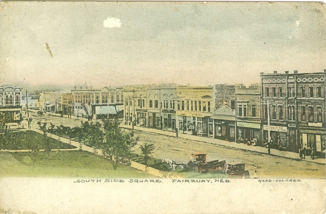 Fairbury,NE China and Variety stores on South Side Square, Hand Colored