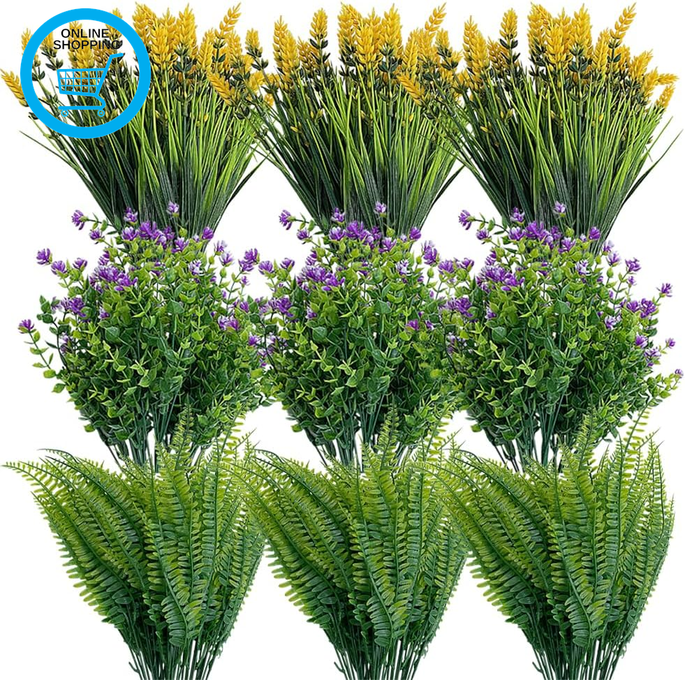 18 Bundles Artificial Plants Grass Indoor Outdoor UV Resistant Plastic Fake Bush