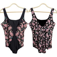 Lands' End One Piece Swimsuit Size 18 Black Pink Paisley Tummy Control Stretch