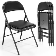 4 Pack Folding Chairs Padded Seats Metal Frame PU Leather 350 lbs Capacity Black