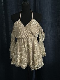 Fairy Core Gold Sparkle Ruffled Long Flared Sleeve Super Short Romper Sz  6