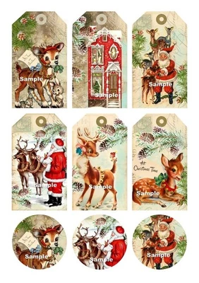 Vintage Christmas Santa Deer Reindeer House Pine Bunny 9 x Gift Tag Card - image 1 of 3