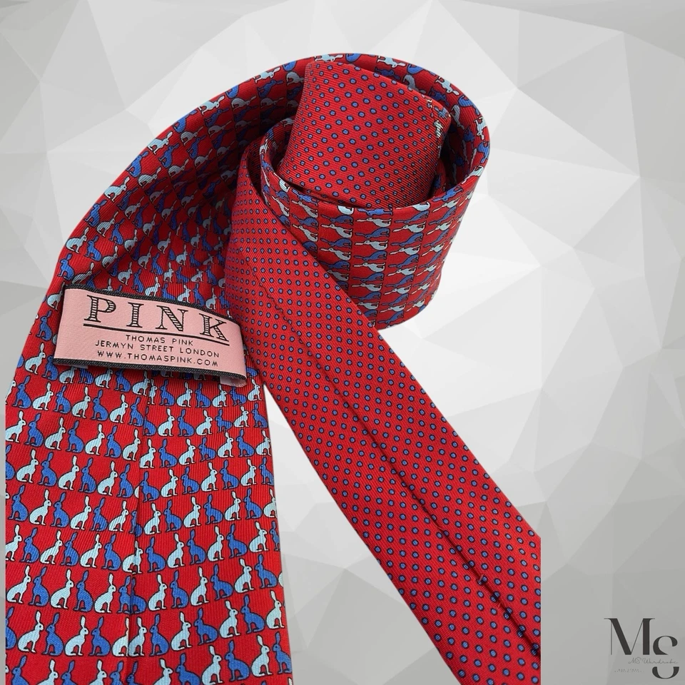 Corbata de seda de diseñador de lujo con estampado de conejo rojo THOMAS PINK 58”-3,25” EXCELENTE ESTADO Foto 4 de 4