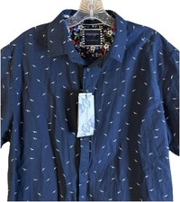 Denim  Flower Ricky Singh NWT Shirt L Navy Bird Print Short Sleeve Button Up