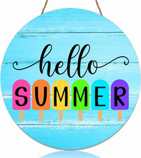 Hello Summer Wooden Door Sign, 12 Inch, Blue, Rustic, Nature Theme, Hanging Orna