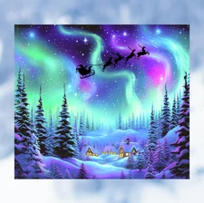 Santas Sleigh & Northern Lights Christmas WINDOW CLING Size 9.1" Vinyl