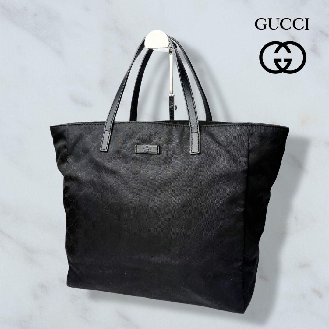 GUCCI GG Canvas Tote Bag Black Nylon Shoulder Handbag Authentic Excellent Condi