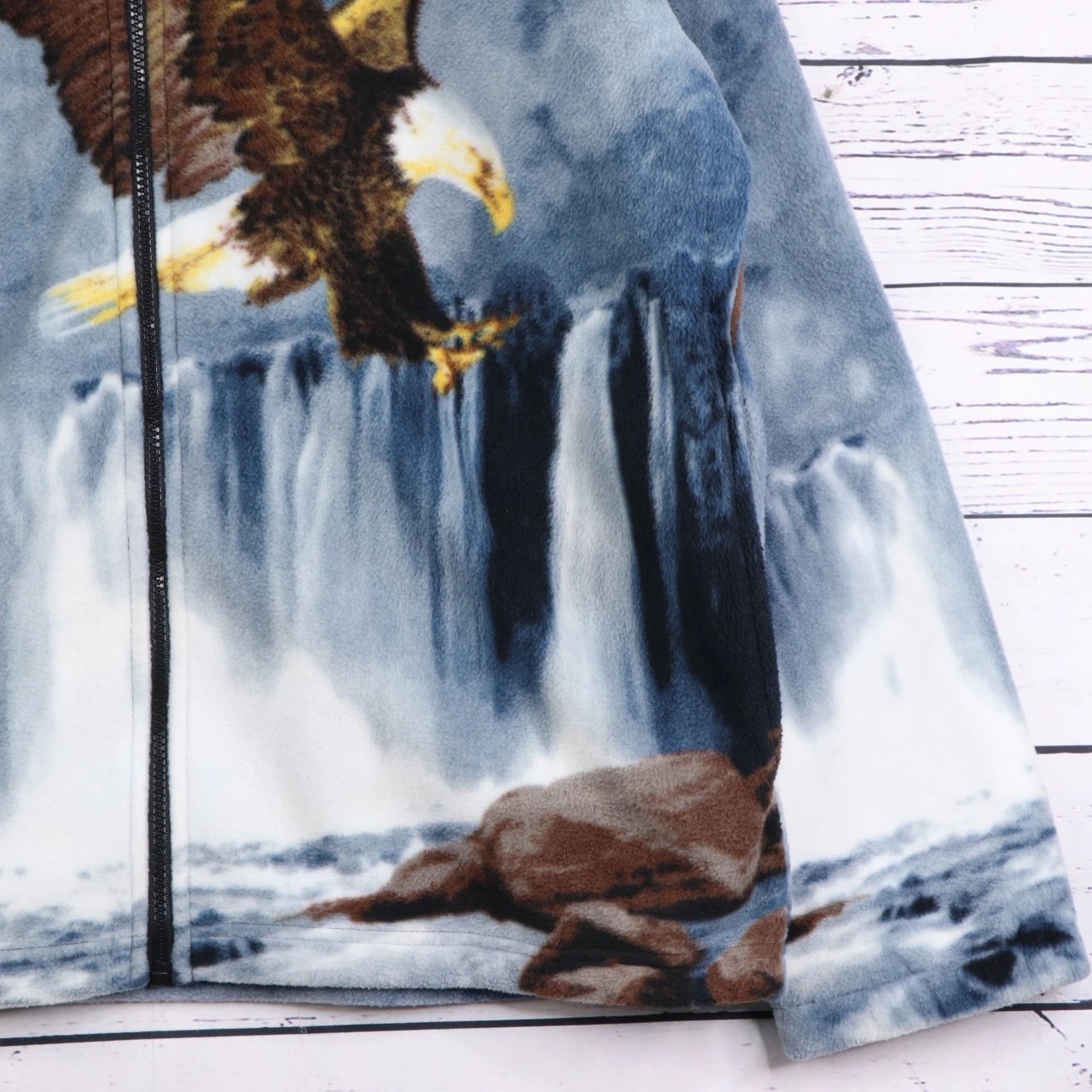 Polar Fleece Jacket Mens Large Eagle Mountain Print Blue Warm Full Zip Funky image 3