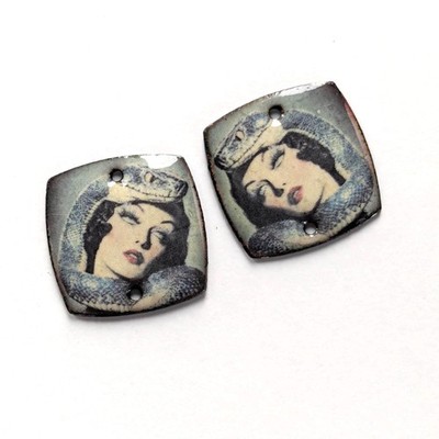 Unique Handmade Enameled Charms Artisan Made Pair Woman & Snake (20858)