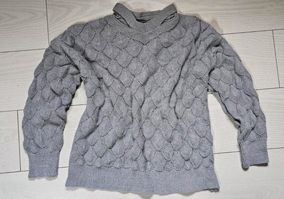 Damen Strickpullover Grau Zopfmuster Winter Pullover Cozy Warm Langarm S/M