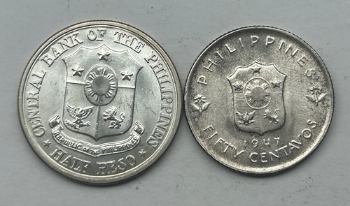 PHILIPPINES SILVER 50 CENTAVOS 1947 & HALF PESO 1961 - Picture 2 of 2