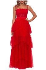 Betsy  Adam Women's Long Corset Tiered Mesh Illusion Gown Red